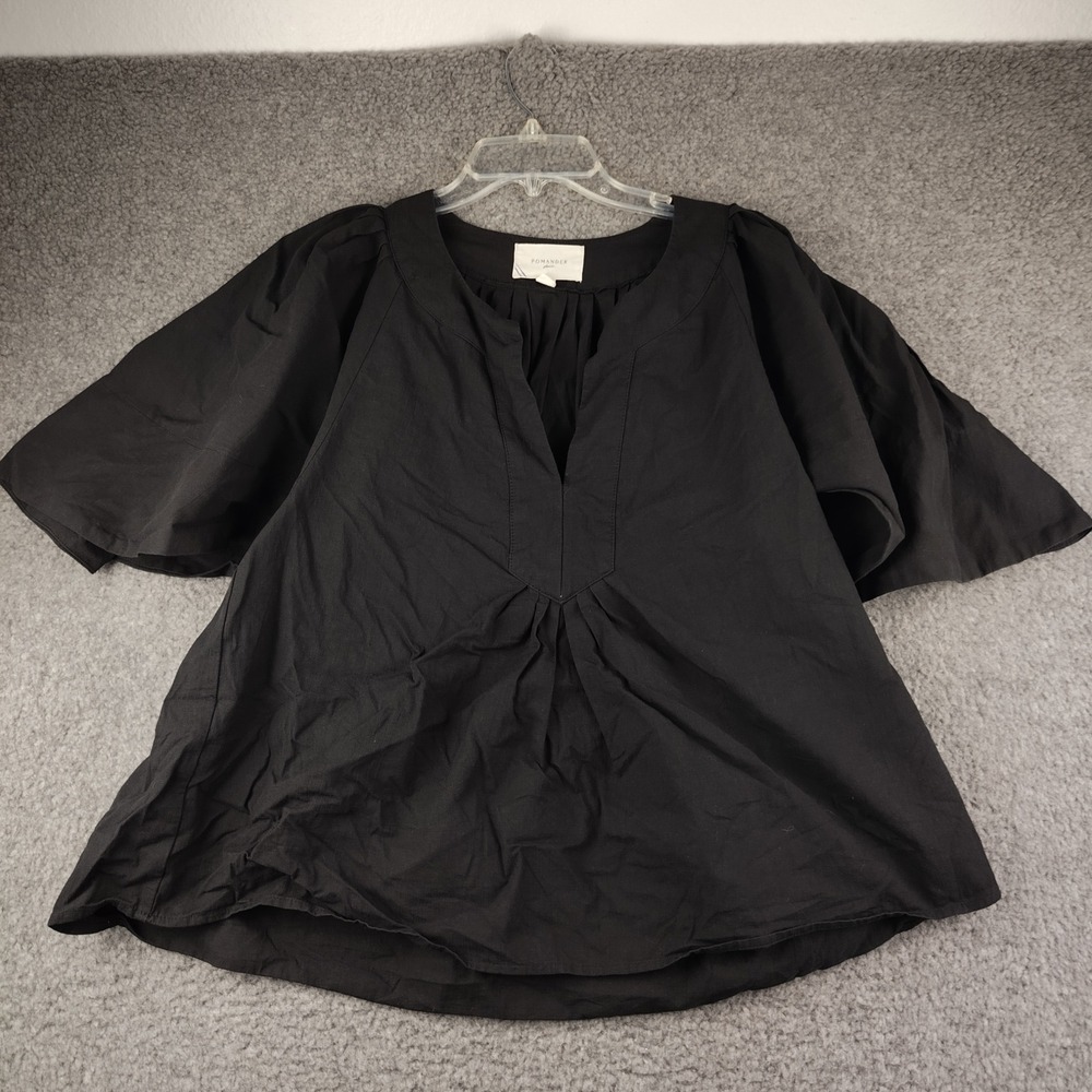 Pomander Place Cotton Blouse Sz Large Black Flutter Sleeve EUC